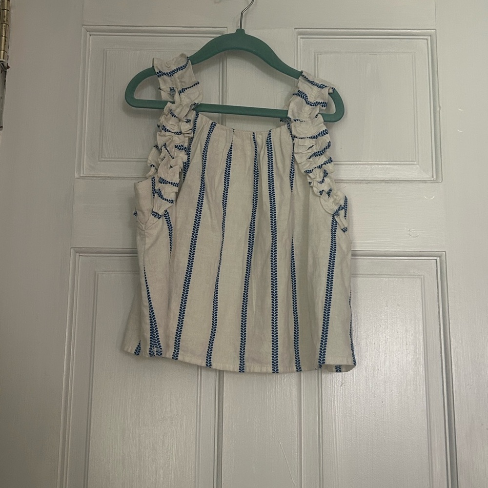 Crewcuts White and Blue Ruffle Sleeve Blouse